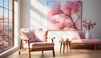 AI generated Comfortable modern apartment with bright pink walls and elegant decor generated by AI photo