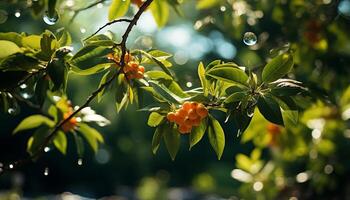 AI generated Fresh green leaves on a tree branch in a vibrant forest generated by AI photo