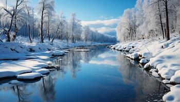 AI generated Winter landscape snow covered forest, tranquil pond, and majestic mountains generated by AI photo