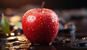 AI generated Freshness and nature reflected in a wet, ripe apple drop generated by AI photo