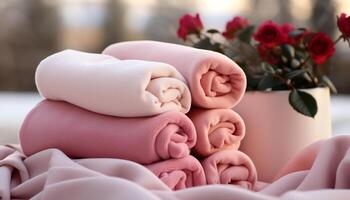 AI generated Fluffy pink towel stack brings comfort and freshness indoors generated by AI photo