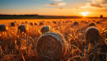 ai generado puesta de sol terminado un rural granja, prado dorado con arrollado arriba heno generado por ai foto