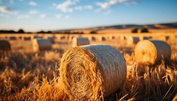 AI generated Agriculture beauty in nature yellow meadow, rolled up haystacks, blue sky generated by AI photo