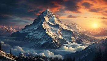 AI generated Majestic mountain peak, snow capped, tranquil sunset, panoramic beauty in nature generated by AI photo