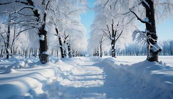 AI generated Winter landscape snow covered forest, tranquil scene, frozen beauty generated by AI photo