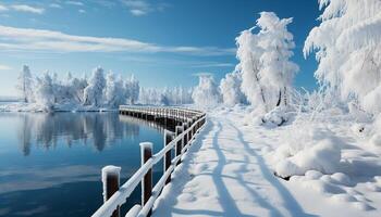 AI generated Winter landscape snow covered forest, frozen lake, tranquil beauty generated by AI photo