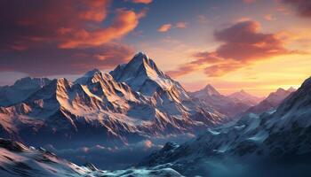 AI generated Majestic mountain peak, tranquil sunset, frozen landscape, adventurous hiking generated by AI photo