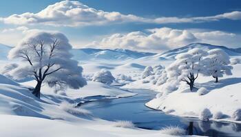 ai generado tranquilo invierno paisaje Nevado bosque, azul cielo, congelado montaña pico generado por ai foto