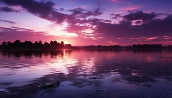 ai generado tranquilo puesta de sol refleja belleza en naturaleza, sereno paisaje terminado agua generado por ai foto