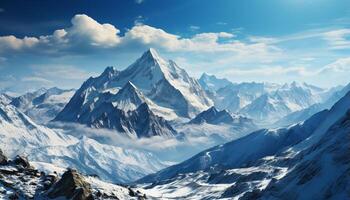 AI generated Majestic mountain peak, blue sky, tranquil scene, frozen water generated by AI photo