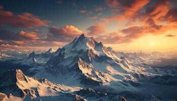 ai generado majestuoso montaña cima, nieve cubierto paisaje, puesta de sol terminado el horizonte generado por ai foto