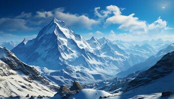 AI generated Majestic mountain peak, blue sky, tranquil scene, frozen water generated by AI photo