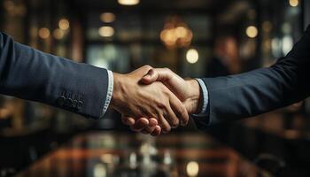 AI generated Successful businessmen shaking hands in a professional office, celebrating cooperation generated by AI photo