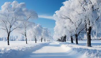 AI generated Winter landscape snow covered tree in a frosty forest generated by AI photo