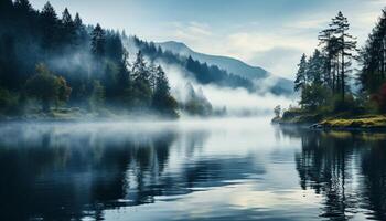 AI generated Tranquil scene autumn forest reflects majestic mountain range in pond generated by AI photo