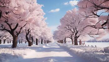 AI generated Snow covered forest in winter, tranquil beauty of nature generated by AI photo