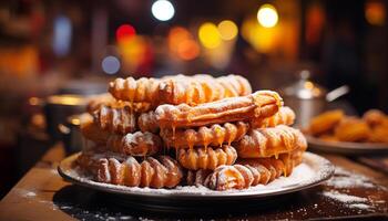 AI generated Homemade dessert, fresh and sweet, on rustic wooden plate generated by AI photo