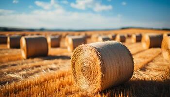 AI generated Rural scene yellow meadow, rolled up haystacks, ripe barley in nature generated by AI photo