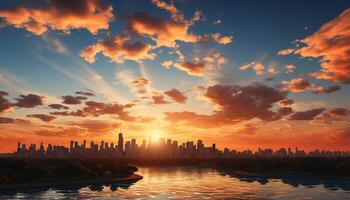 ai generado paisaje urbano silueta refleja vibrante puesta de sol terminado moderno rascacielos generado por ai foto
