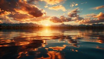 AI generated Sunset over water, reflecting the beauty of nature tranquil scene generated by AI photo