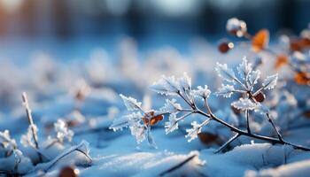AI generated Winter snow blankets the outdoors, close up of blue frost generated by AI photo