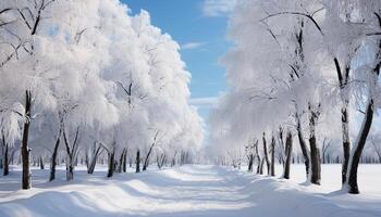 AI generated Winter landscape snow covered trees in a tranquil forest generated by AI photo