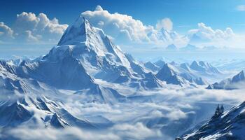 AI generated Majestic mountain peak, snow covered landscape, tranquil scene, frozen water generated by AI photo