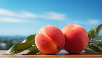 ai generado Fresco Fruta en de madera mesa, vibrante colores, naturaleza sano postre generado por ai foto