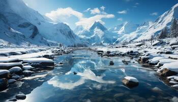 AI generated Majestic mountain range reflects tranquil beauty in nature frozen landscape generated by AI photo