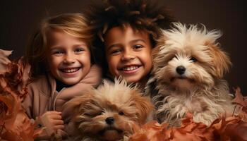 ai generado sonriente niña abraza pequeño cachorro, puro felicidad en su amistad generado por ai foto