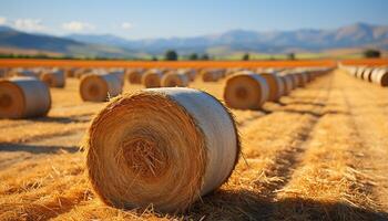 AI generated Golden wheat fields roll in the summer sun, nature bounty generated by AI photo