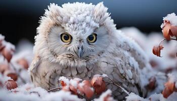 ai generado águila búho encaramado en rama, mirando linda en Nevado bosque generado por ai foto