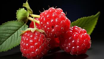 AI generated Fresh raspberry leaf, ripe fruit, healthy eating, organic dessert generated by AI photo