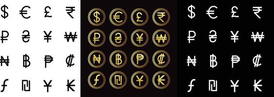 Vector Currency signs of different countries. Set of black, Golden color and White currency symbols.