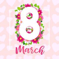 March 8, Happy Women's Day elegant congrats. Floral paper number eight. Network poster vector