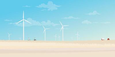 Man and woman riding bicycle together in countryside fields with wind turbines and blue sky background flat design vector illustration. Sustainable renewable green energy concept.