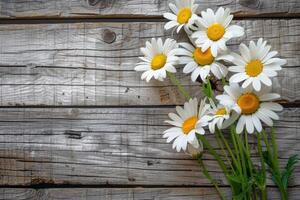 AI generated White Daisies on Rustic Wooden Background photo