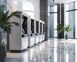 AI generated Modern Bank of ATMs in Lobby photo