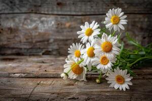 AI generated Fresh Daisies on an Old Wooden Table photo