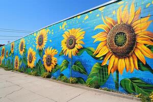 ai generado vibrante girasol mural en urbano pared foto