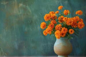 AI generated Orange Marigolds in Ceramic Vase on Teal Background photo