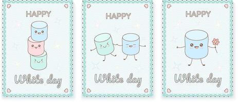 Happy White Day cards template set. Vector illustration for greeting card or poster. Kawaii marshmallow in pastel color.