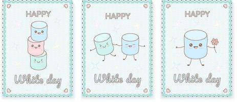 contento blanco día tarjetas modelo colocar. vector ilustración para saludo tarjeta o póster. kawaii malvavisco en pastel color.