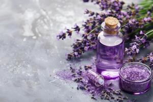 AI generated Lavender Essential Oil and Bath Salt Setup photo