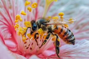 ai generado abeja reunión polen desde un rosado camelia flor foto