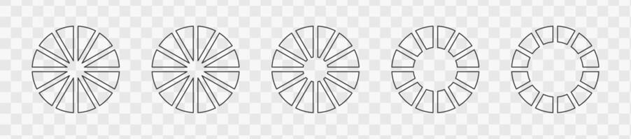 Outline donut charts or pies segmented on 12 equal parts. Set of infographic wheels divided in twelve sections. Circle diagrams or loading bars vector