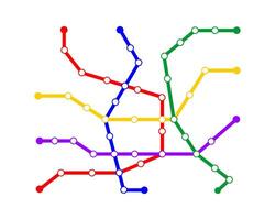 Subway map template. Metro scheme with 5 way lines. Infographic diagram of public rapid underground transport network with stations vector