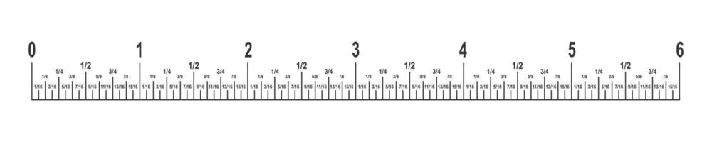 6 inches ruler scale with fractions. Unit of length in imperial system of measurement Math or geometric tool with markup and numbers vector