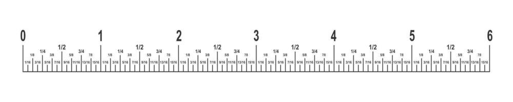 6 inches ruler scale with fractions. Unit of length in imperial system of measurement Math or geometric tool with markup and numbers vector