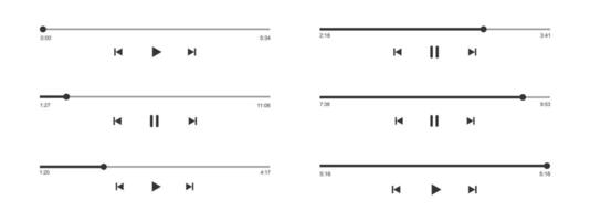 conjunto de audio o vídeo jugador Progreso cargando barras con hora control deslizante, jugar y pausa, rebobinar y rápido adelante botones. plantillas de reproductor multimedia reproducción panel interfaz vector